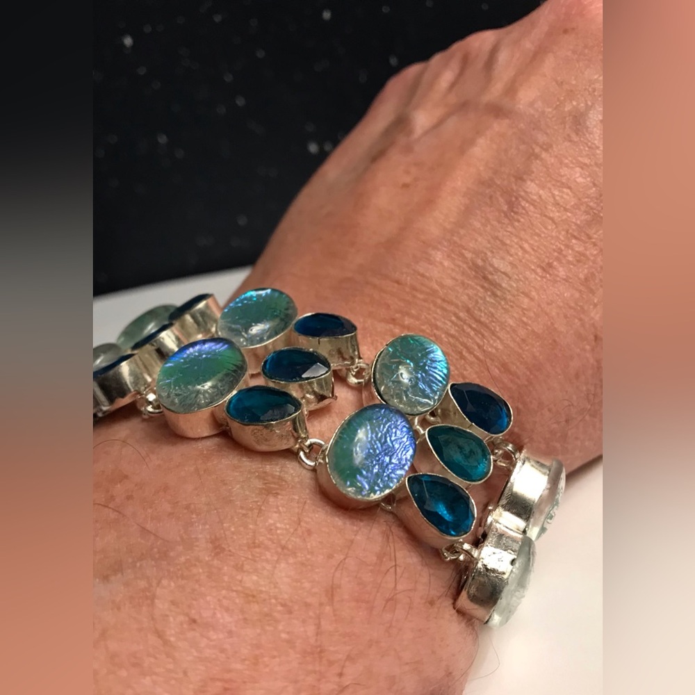 Triplet Fire Opal Blue Topaz Stamped 925 Sterling Silver Bracelet